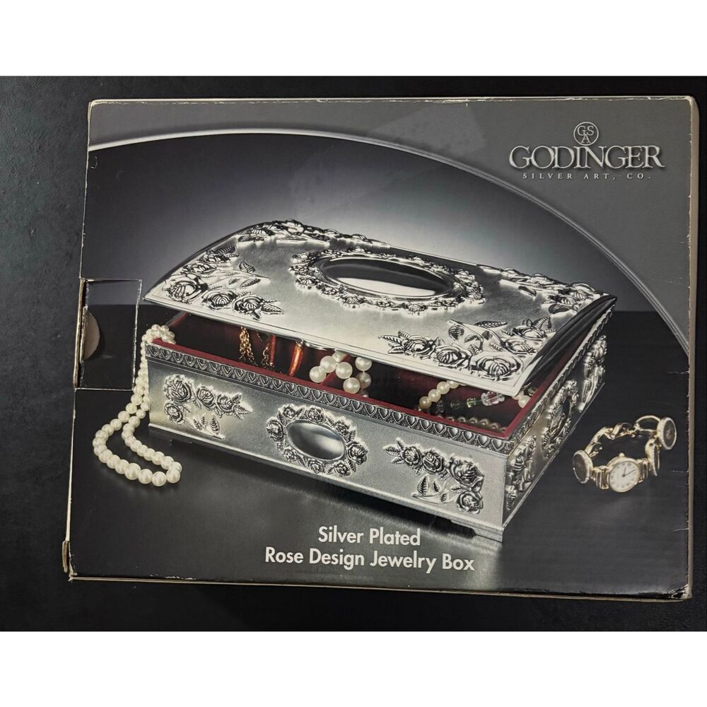 Godinger silver art Co. silver plated vintage rose pattern jewelry box
